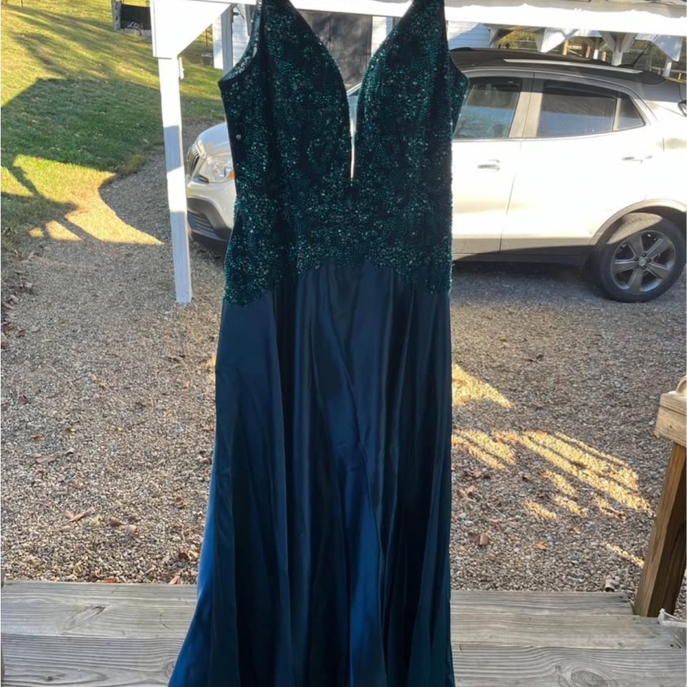 Ellie Wilde Teal Prom Dress with Embellished Bodice
